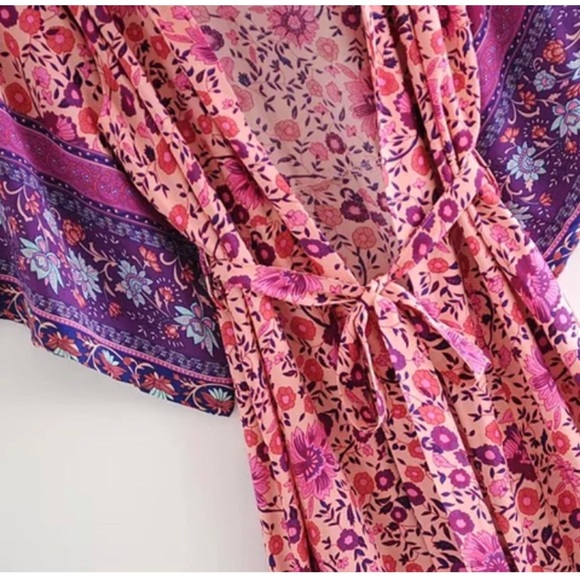 Cotton Floral Boho Kimono NEW Pink Purple - Picture 7 of 11